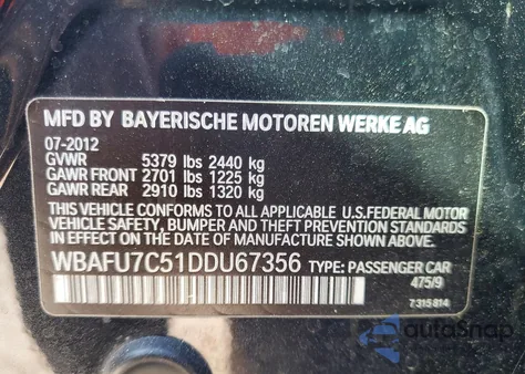 2013 BMW 535 Xi from USA, damaged, VIN WBAFU7C51DDU67356